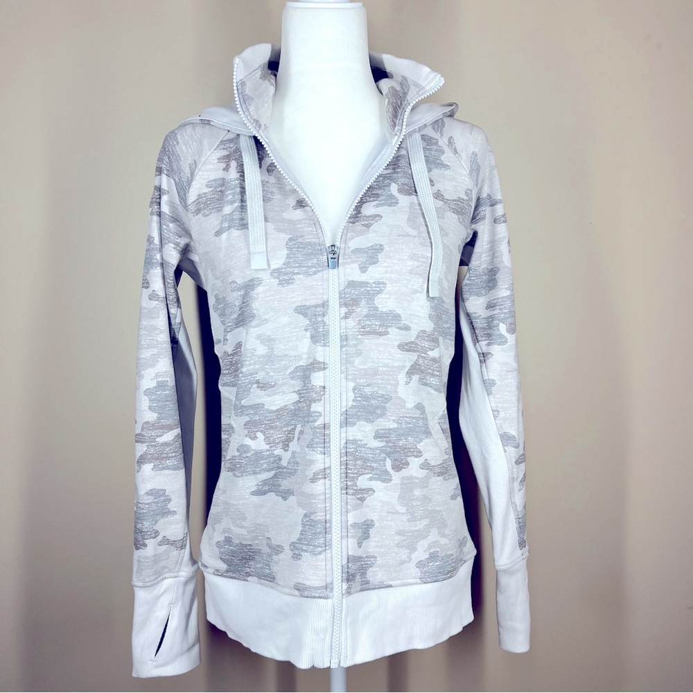 Athleta Triumph Printed Hoodie Jacket Women’s Medium Grey Gypsum Full Zip